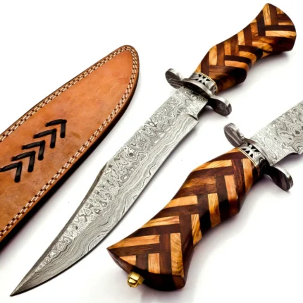 15" Handmade Damascus Steel Hunting Bowie Knife – Rosewood Handle with Leather Sheath
