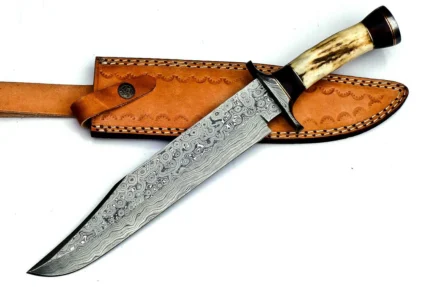 Daud Blades Handmade Hunting Bowie Knife – 15" Damascus Steel Blade with Elk Horn & Damascus Handle + Leather Sheath