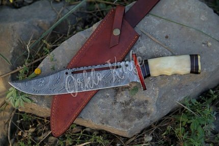 13" Damascus Steel Bowie Hunting Knife – White Bone Handle with Brass Guard & Leather Sheath